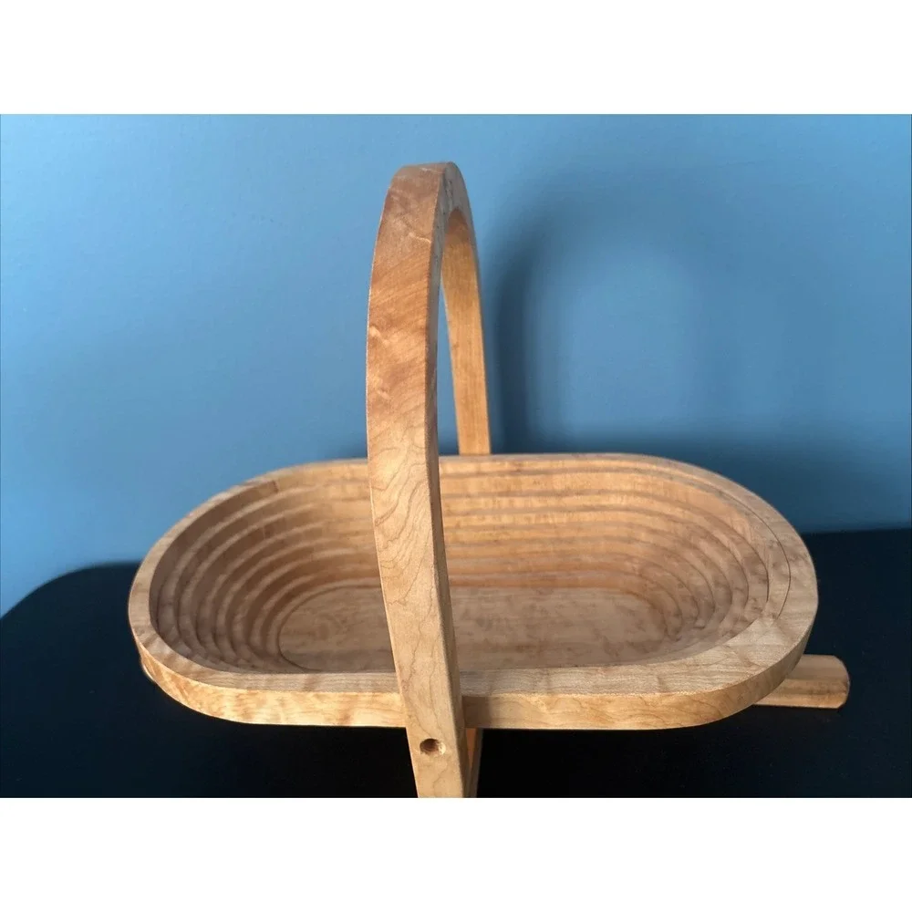 Collapsible Wooden Basket Oval Bowl Trivet Handcrafted 15